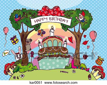 A birthday cake surrounded by animals and trees View Large Illustration Clip Art - A birthday cake surrounded by animals and trees. Fotosearch