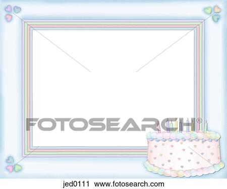 Clip Art - A blue frame with a birthday cake. Fotosearch