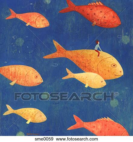 Stock Illustration - A boy going for a ride on a gold fish. Fotosearch