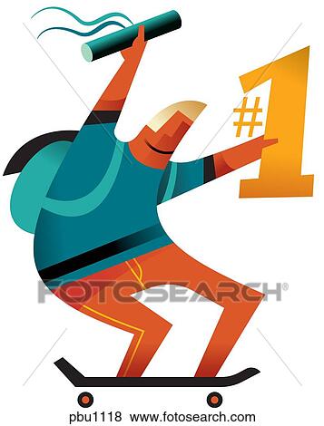 Stock Illustration - A boy on a skateboard holding a diploma in one hand and a number one sign in the other. Fotosearch