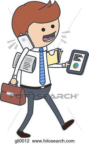 Drawing - A businessman holding a briefcase, a newspaper, a tablet, and a file folder while talking on his cell phone. Fotosearch