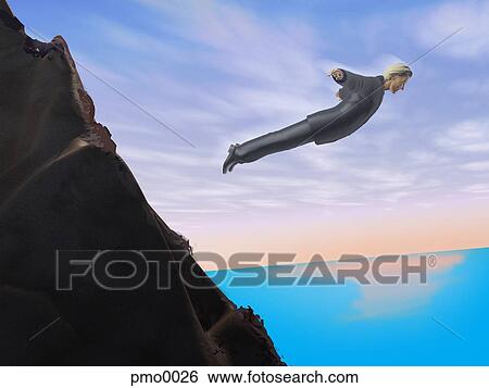 Stock Illustration - A businessman who has jumped off a cliff. Fotosearch