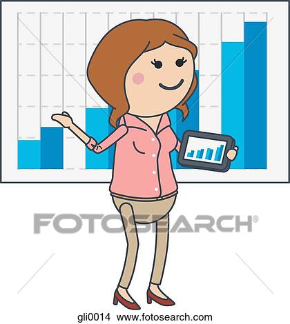 A businesswoman pointing at a chart behind her while she is carrying a tablet View Large Illustration Stock Illustration - A businesswoman pointing at a chart behind her while she is carrying a tablet. Fotosearch