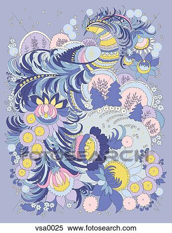 A colorful bird in a winter scene View Large Illustration Stock Illustration - A colorful bird in a winter scene. Fotosearch
