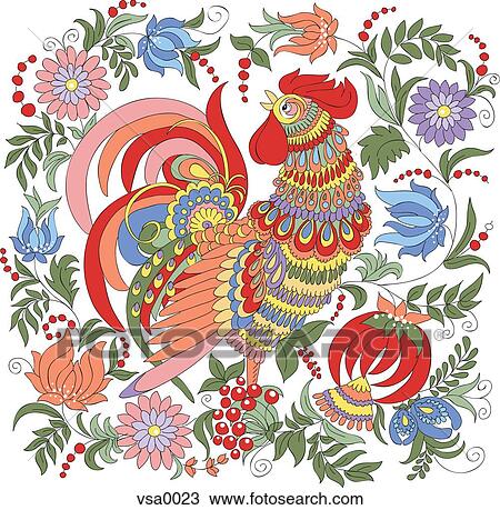Drawing - a colorful rooster surrounded by flowers. Fotosearch