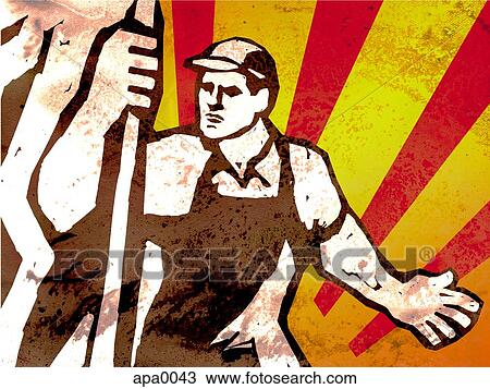A construction worker holding a flag View Large Illustration Drawing - A construction worker holding a flag. Fotosearch