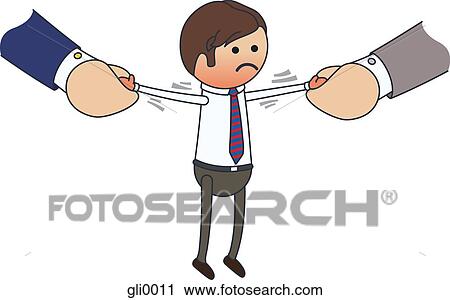 Clip Art - A distressed businessman being pulled in both directions. Fotosearch