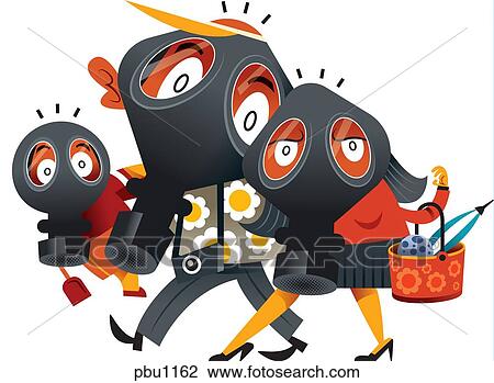 Drawing - A family wearing gas masks. Fotosearch
