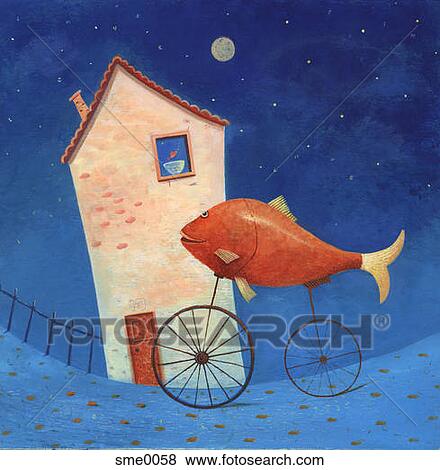 A fish riding a bike in front of a house View Large Illustration Stock Illustration - A fish riding a bike in front of a house. Fotosearch