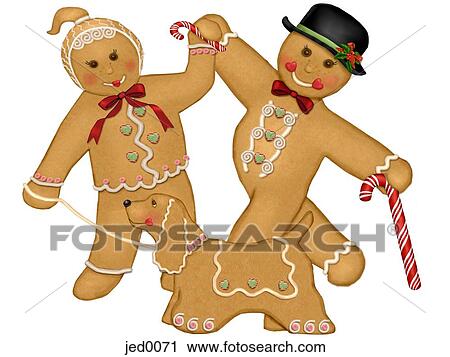 Clip Art - a gingerbread couple and their dog. Fotosearch