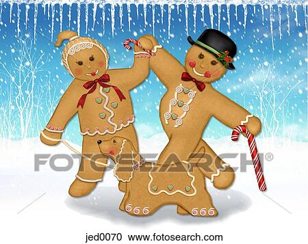 Clipart - a gingerbread couple and their dog. Fotosearch