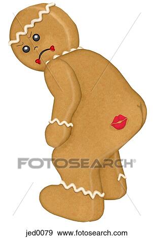 Stock Illustration - A gingerbread man with a kiss mark on his behind. Fotosearch
