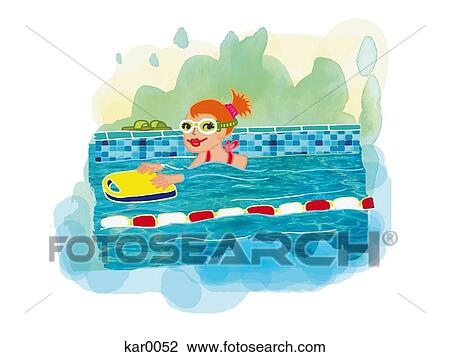 Drawing - A girl in a swimming pool. Fotosearch