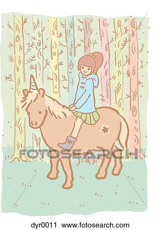 Clip Art - A girl on a unicorn. Fotosearch