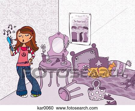 Clipart - A girl singing using her hairbrush as a microphone. Fotosearch