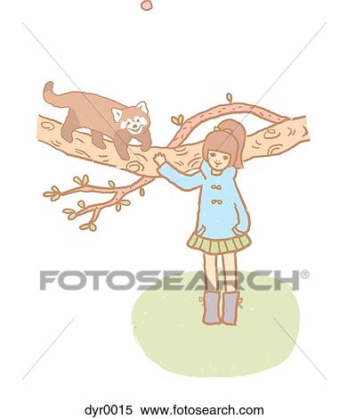 Stock Illustration - A girl standing near a tree that a raccoon is walking on. Fotosearch