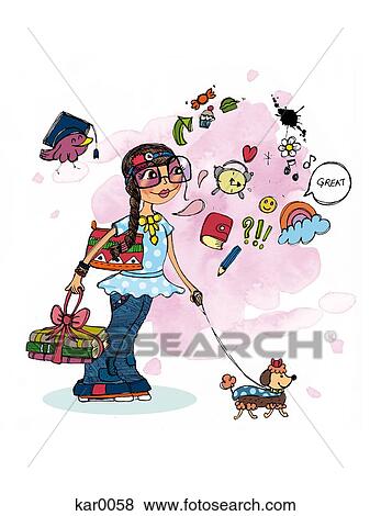 Stock Illustration - A girl thinking about many different things while walking her dog. Fotosearch