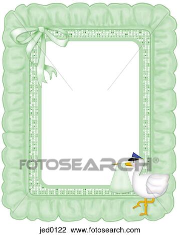 A green ruffled frame with a stork View Large Illustration Drawing - A green ruffled frame with a stork. Fotosearch