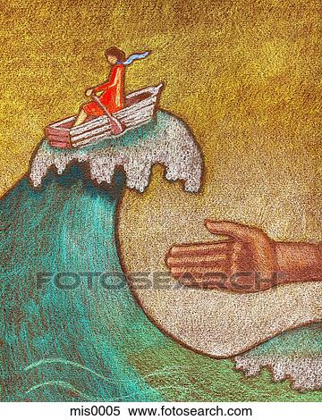 A hand reaching out to a woman in a boat riding a tall wave View Large Illustration Stock Illustration - A hand reaching out to a woman in a boat riding a tall wave. Fotosearch