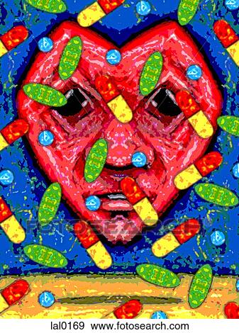 Stock Illustration - A heart with a human face and pills falling. Fotosearch