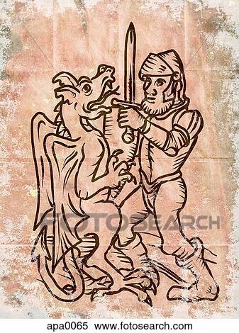 Stock Illustration - A knight and dragon fighting. Fotosearch