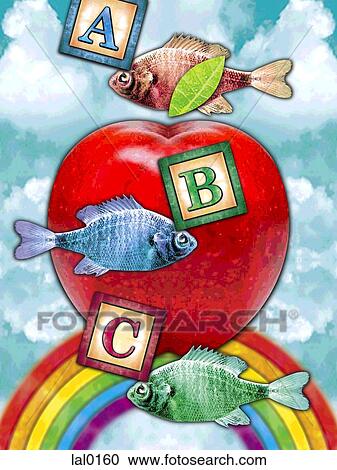 Clipart - A large apple, fish, and children's blocks against a sky. Fotosearch