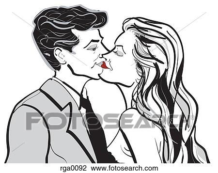 A man and woman kissing against white background View Large Illustration Drawing - A man and woman kissing against white background. Fotosearch