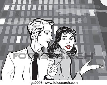Drawing - A man and woman standing in front of a building. Fotosearch
