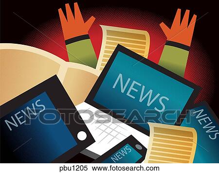 Stock Illustration - A man being buried by laptops and newspaper. Fotosearch