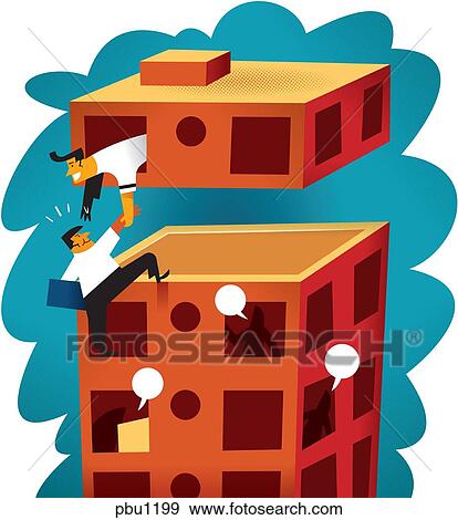 Stock Illustration - A man being helped up to the top of a building. Fotosearch