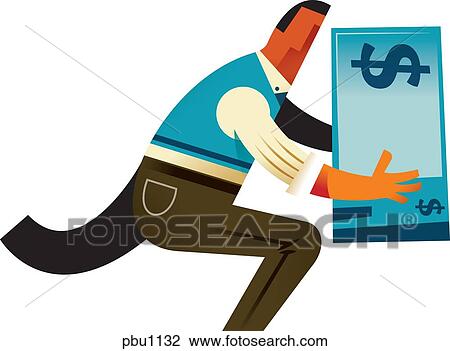 Drawing - A man carrying a big dollar bill. Fotosearch