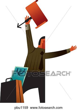 Stock Illustration - A man carrying a sign with a briefcase next to him that is filled with euros. Fotosearch
