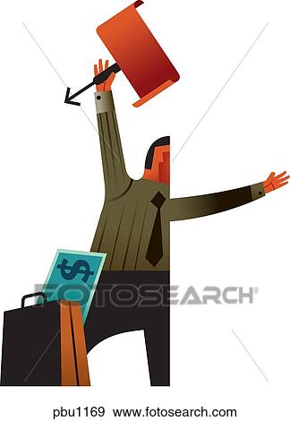 Stock Illustration - A man carrying a sign with a briefcase next to him that is filled with dollars. Fotosearch