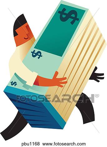 Stock Illustration - A man carrying a stack of dollar bills. Fotosearch