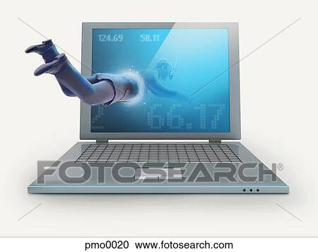 Clipart - A man diving into a laptop computer. Fotosearch