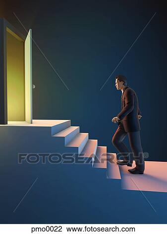 Drawing - A man going upstairs toward the door. Fotosearch