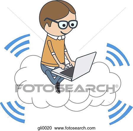 Clipart - A man sitting on a cloud while on his laptop. Fotosearch