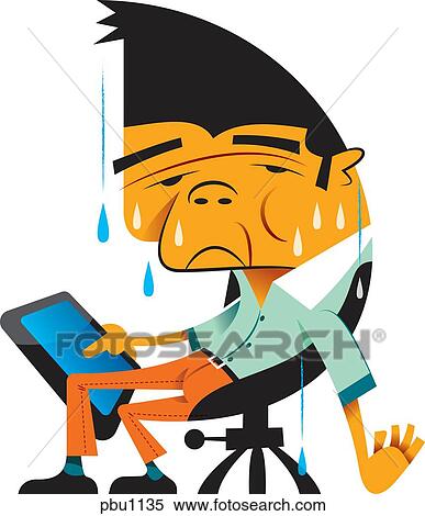 Stock Illustration - A man sweating while holding a tablet. Fotosearch