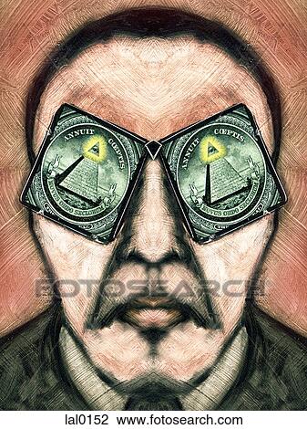 Drawing - A man with a an American dollar sign for eyes. Fotosearch