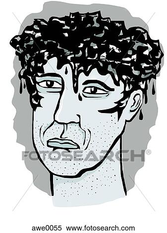 Stock Illustration - A man with dripping black hair against white background. Fotosearch