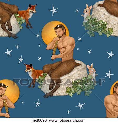 Stock Illustration - A man with horns and goat legs sitting on a rock surrounded by animals. Fotosearch