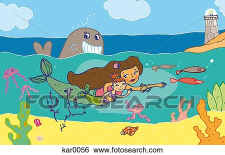 A mermaid and her daughter swimming in the ocean View Large Illustration Stock Illustration - A mermaid and her daughter swimming in the ocean. Fotosearch