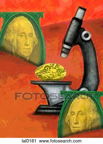 Clip Art - A microscope examining an egg with a money collage pattern. Fotosearch