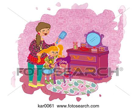 Clip Art - A mom brushing her daughter's hair who is brushing her doll's hair. Fotosearch