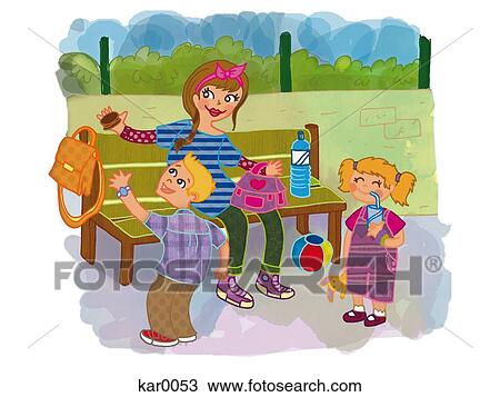 Drawing - A mom with her children on a park bench. Fotosearch