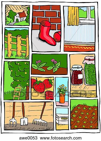 A montage of gardening images View Large Illustration Drawing - A montage of gardening images. Fotosearch