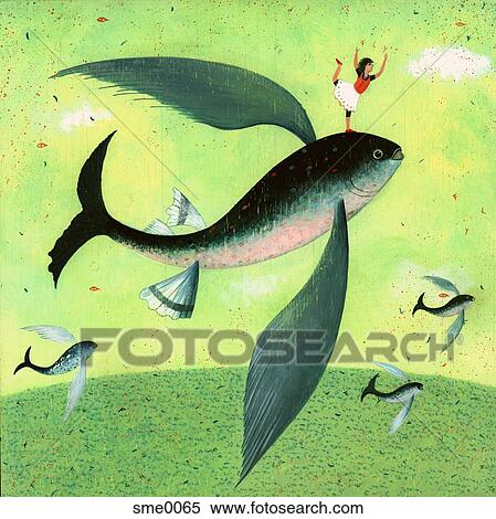 Stock Illustration - A person balancing on a fish with wings. Fotosearch