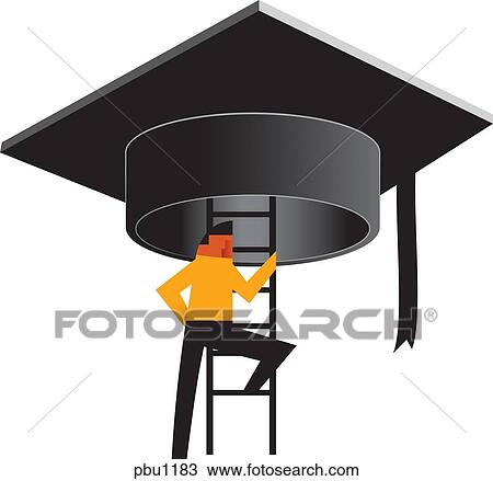 Drawing - A person climbing up a ladder to a large graduation hat. Fotosearch