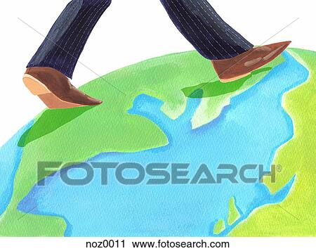 Clip Art - A person walking across the globe. Fotosearch