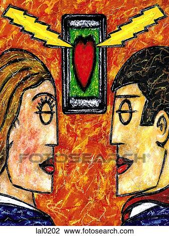 Drawing - A phone in between two people facing each other. Fotosearch